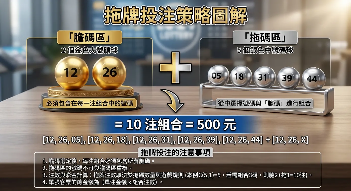 拖牌投注策略圖解，左側為「膽碼區」（2個金色大號碼球），右側為「拖碼區」（5個銀色中號碼球），中間以「+」號連接，下方顯示「= 10注組合 = 500元」，最下方附拖牌投注的注意事項