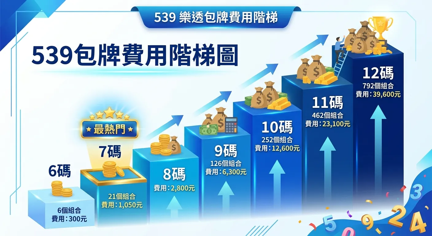 539包牌費用階梯圖，以階梯形式呈現6碼到12碼的費用遞增。每個階梯標示碼數、組合數和費用。6碼（300元）到7碼（1,050元）的階梯高度差較小，8碼到12碼的階梯越來越陡峭。7碼的階梯用金色邊框標示「最熱門」。配色使用漸層藍色系。