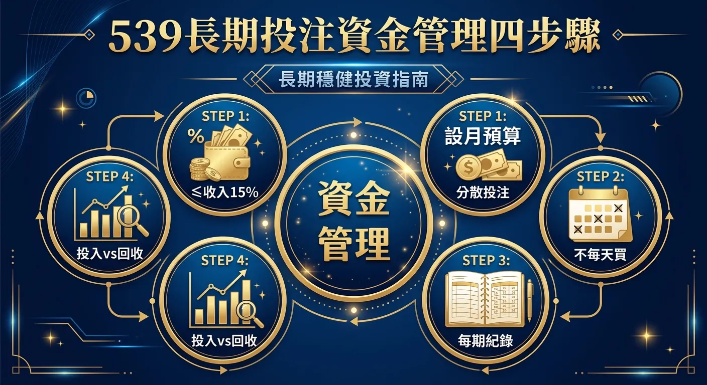 539長期投注資金管理四步驟圖，四個圓形區塊環繞中心「資金管理」文字：(1)設月預算-錢包圖示+「≤收入15%」 (2)分散投注-日曆圖示+「不每天買」 (3)記錄追蹤-筆記本圖示+「每期紀錄」 (4)月度檢討-圖表圖示+「投入vs回收」。配色深藍與金色。
