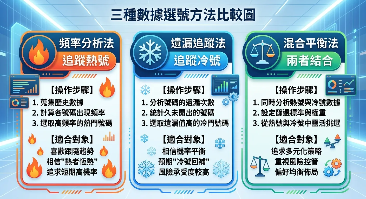 三種數據選號方法比較圖，三欄並排：頻率分析法（追蹤熱號、火焰圖示）、遺漏追蹤法（追蹤冷號、雪花圖示）、混合平衡法（兩者結合、天秤圖示），每欄列出操作步驟和適合對象