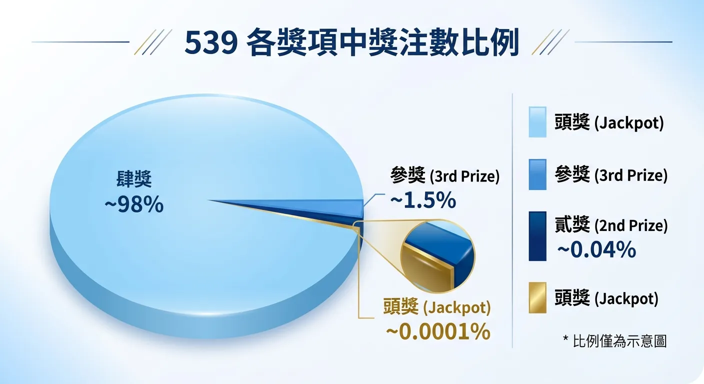 539各獎項中獎注數比例圓餅圖，大圓佔據畫面主要區域，四個區塊：肆獎占比最大（約98%，淺藍色）、參獎占比次之（約1.5%，藍色）、貳獎極小（約0.04%，深藍色）、頭獎幾乎不可見（金色，旁邊放大顯示），右側附圖例，配色使用藍色漸層