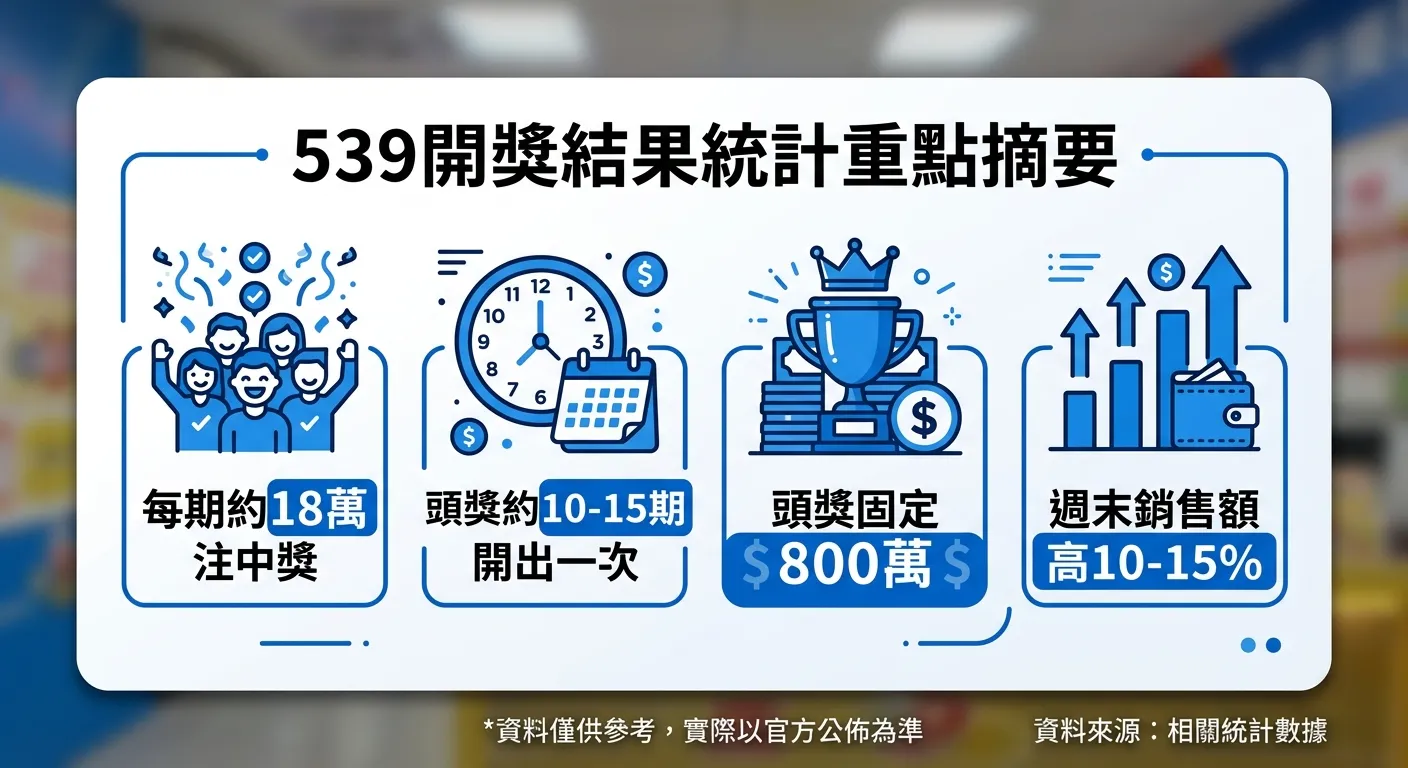 539開獎結果統計重點摘要卡片，列出四個關鍵數據：「每期約18萬注中獎」「頭獎約10-15期開出一次」「頭獎固定800萬」「週末銷售額高10-15%」，每個數據搭配簡潔圖示，卡片底部標註資料來源，配色使用白色卡片搭配藍色重點