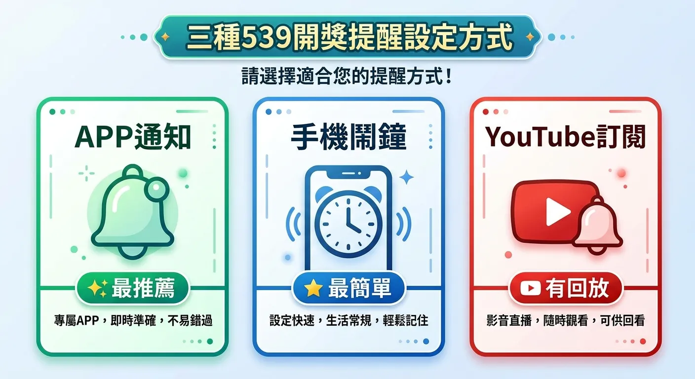 三種539開獎提醒設定方式卡片圖，三張卡片並排：「APP通知」（鈴鐺圖示，標註最推薦）、「手機鬧鐘」（時鐘圖示，標註最簡單）、「YouTube訂閱」（播放鈴鐺圖示，標註有回放），每張卡片底部有一句優點說明