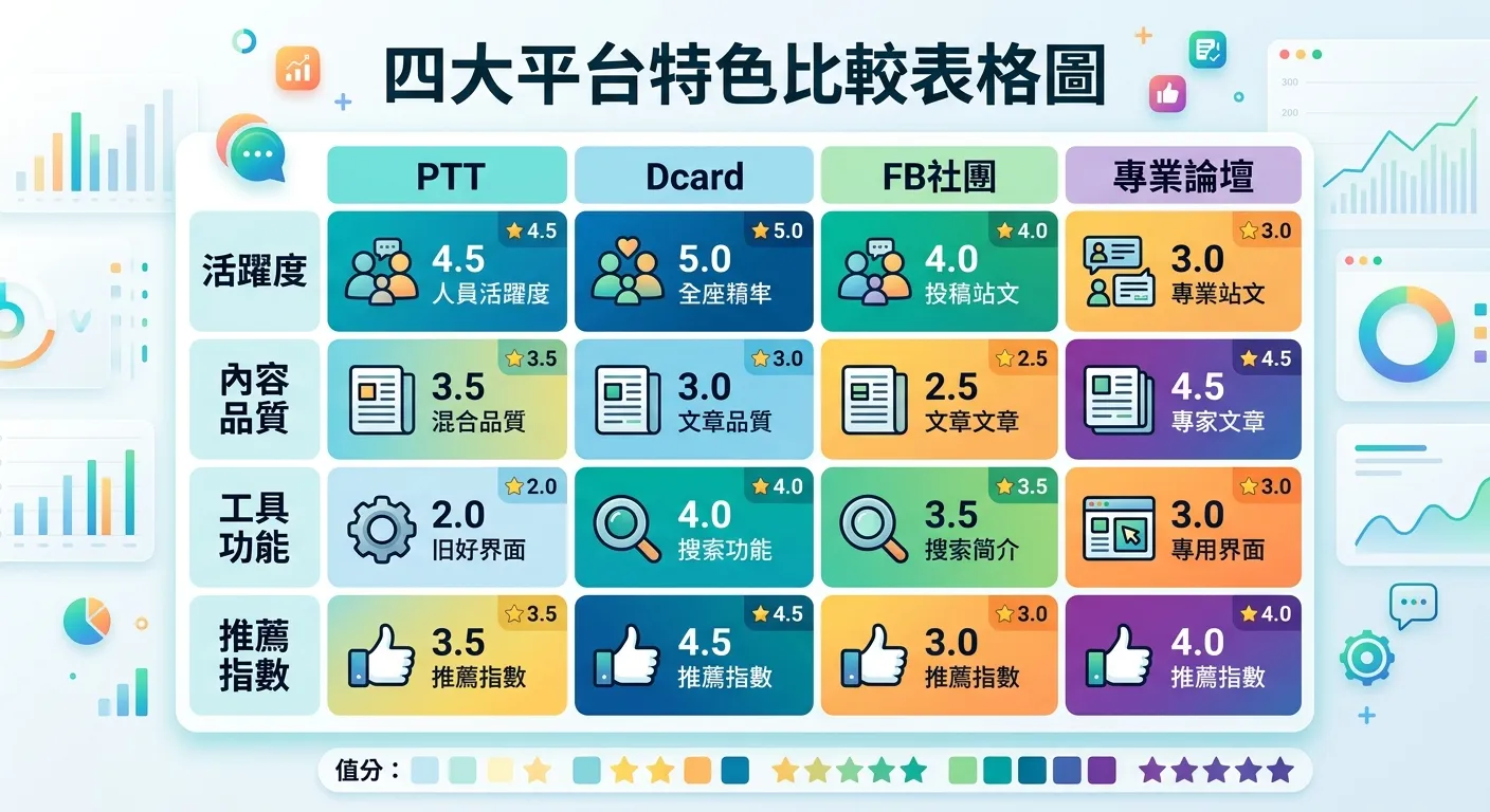 四大平台特色比較表格圖，橫軸為四個平台（PTT、Dcard、FB社團、專業論壇），縱軸為評比項目（活躍度、內容品質、工具功能、推薦指數），用不同深淺的色塊表示評分高低