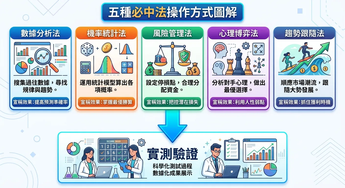 五種必中法操作方式圖解，五個區塊以橫向卡片排列，每張卡片顯示方法名稱、操作說明圖示、宣稱效果，用箭頭指向下方的「實測驗證」區域