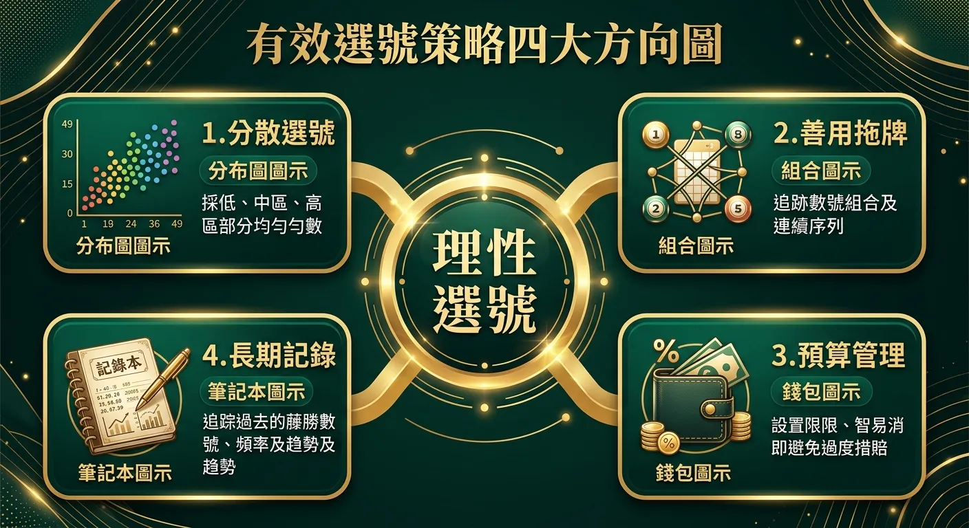有效選號策略四大方向圖，四個區塊環繞中心的「理性選號」文字：1.分散選號（分布圖圖示）2.善用拖牌（組合圖示）3.預算管理（錢包圖示）4.長期記錄（筆記本圖示），配色金色與深綠色系