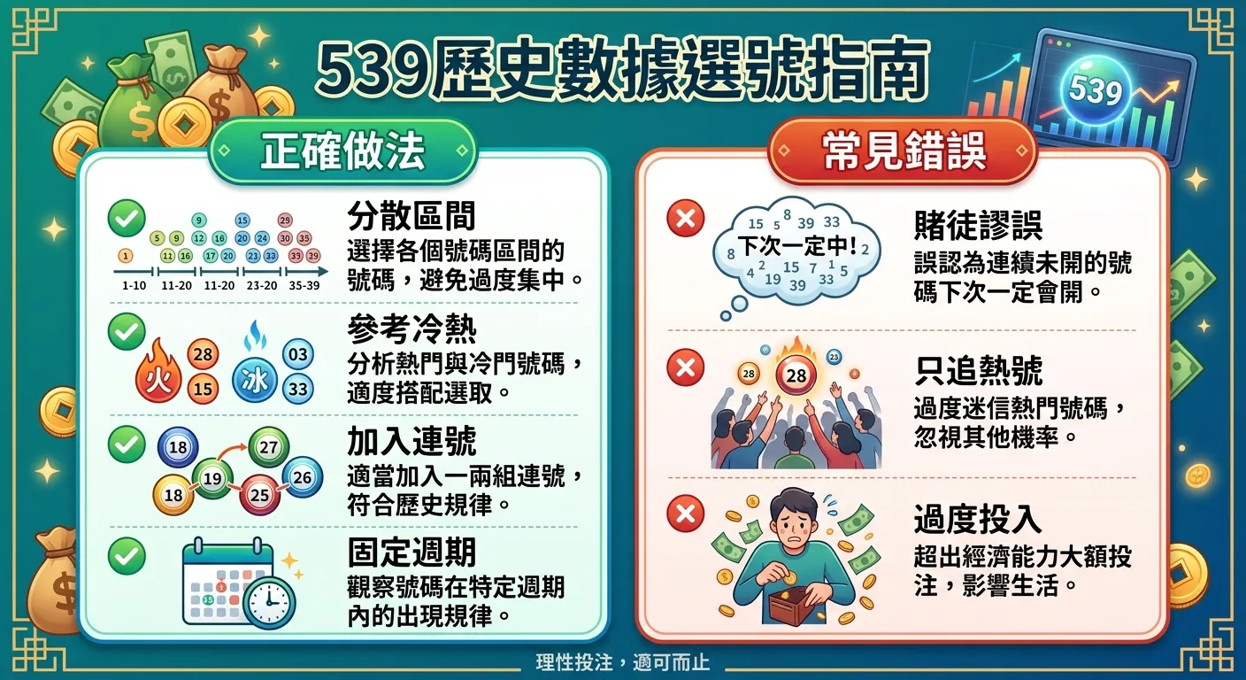 539歷史數據選號指南，左右對比兩欄：左欄「正確做法」列出四項建議（綠色勾選圖示）——分散區間、參考冷熱、加入連號、固定週期；右欄「常見錯誤」列出三項警示（紅色叉叉圖示）——賭徒謬誤、只追熱號、過度投入