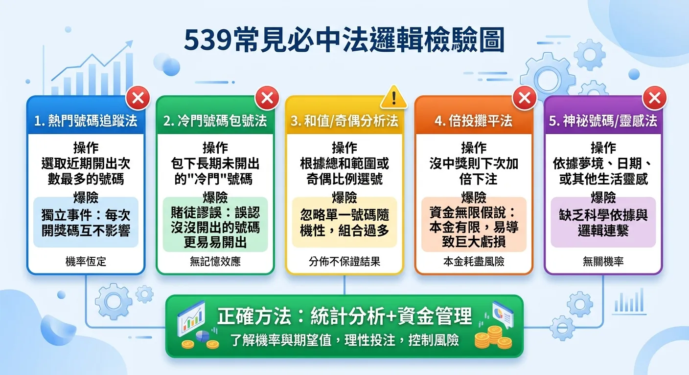 539常見必中法邏輯檢驗圖，五個方法以卡片形式排列，每張卡片顯示方法名稱、操作方式、邏輯漏洞，右上角以紅色叉叉或黃色警告標示風險等級。最下方有一個綠色區塊標示「正確方法：統計分析+資金管理」