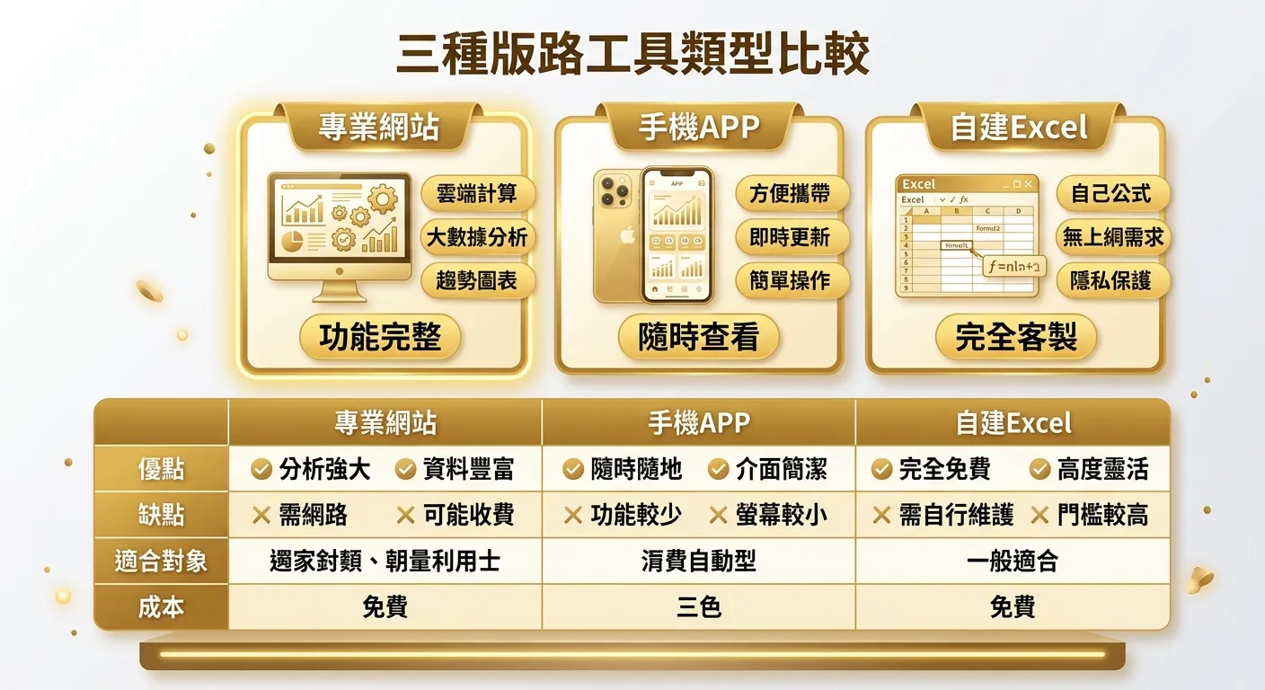 三種版路工具類型比較圖，三個區塊並排：左側「專業網站」（電腦圖示+功能完整標籤）、中間「手機APP」（手機圖示+隨時查看標籤）、右側「自建Excel」（表格圖示+完全客製標籤），下方有優缺點比較表，配色統一使用金色系