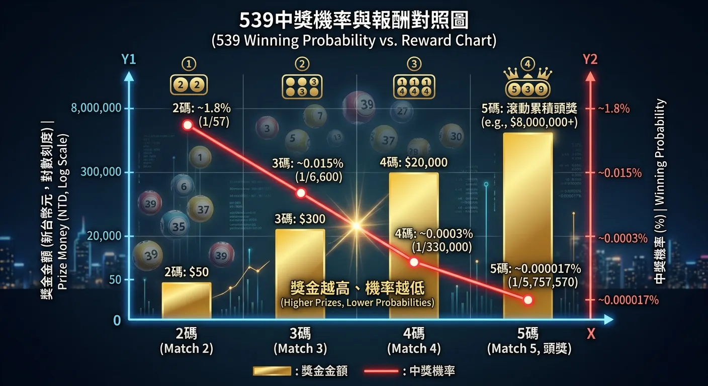 539中獎機率與報酬對照圖，橫軸為中獎碼數（2碼到5碼），左縱軸為獎金金額（對數刻度），右縱軸為中獎機率。獎金用金色長條表示、機率用紅色折線表示，兩條線交叉呈現「獎金越高、機率越低」的反向關係