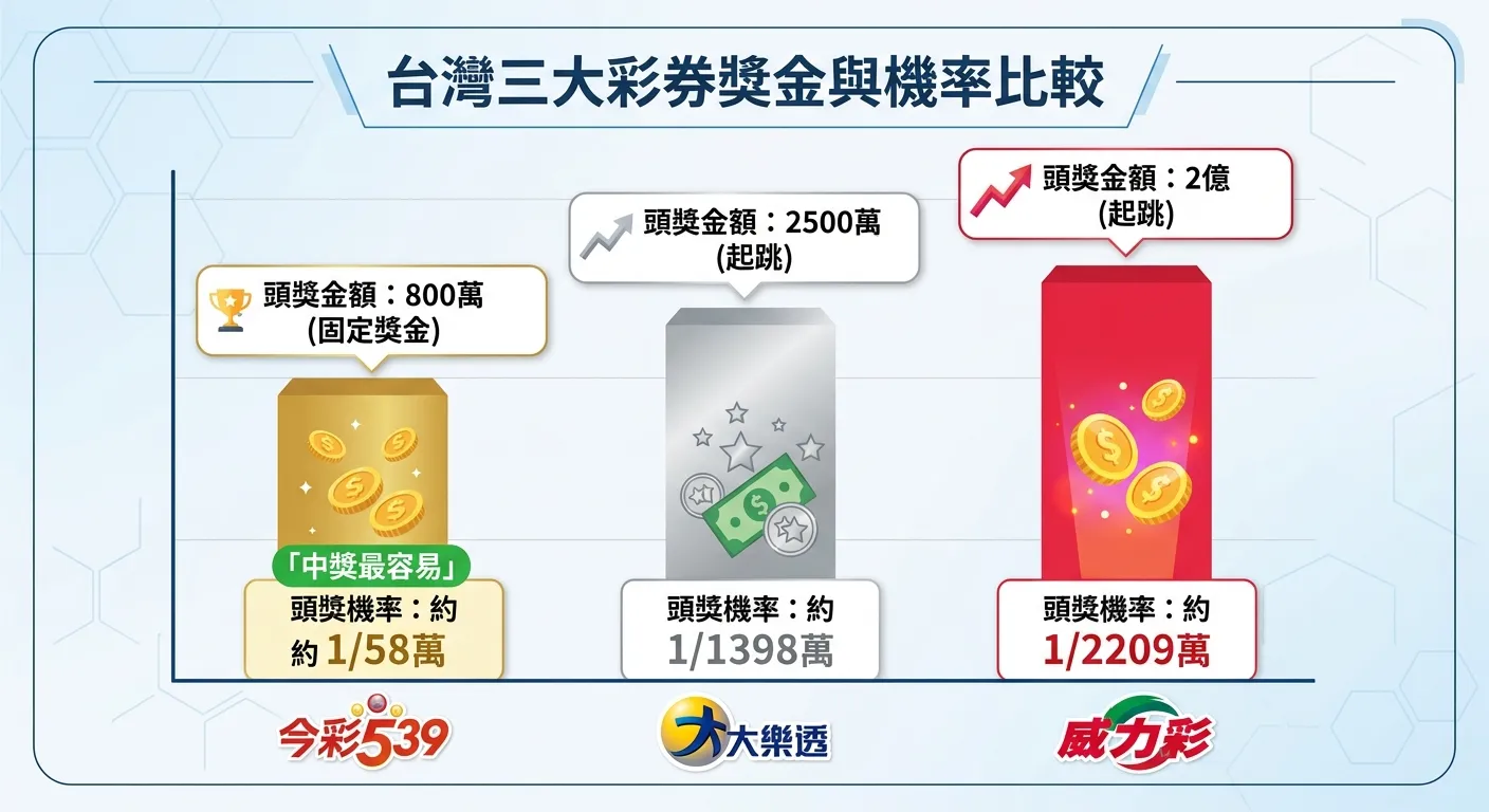 台灣三大彩券獎金比較圖表，以三欄長條圖呈現：左欄539（金色、800萬固定）、中欄大樂透（銀色、2500萬起）、右欄威力彩（紅色、2億起），每欄上方標示頭獎金額，下方標示頭獎機率，539欄特別標註「中獎最容易」