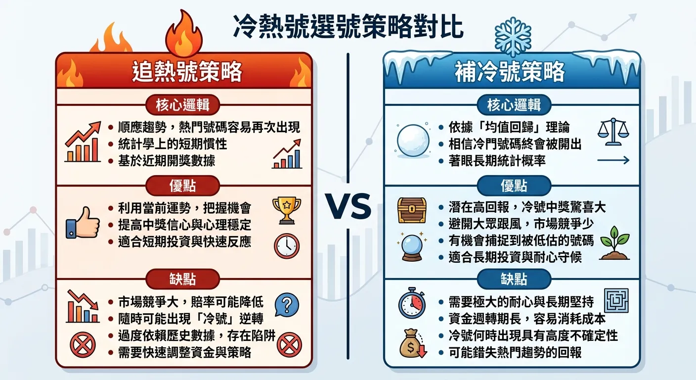 冷熱號選號策略對比圖，分為左右兩欄：左欄「追熱號策略」以紅色為主色（火焰圖示），列出邏輯、優點、缺點；右欄「補冷號策略」以藍色為主色（雪花圖示），同樣列出邏輯、優點、缺點。中間以VS分隔