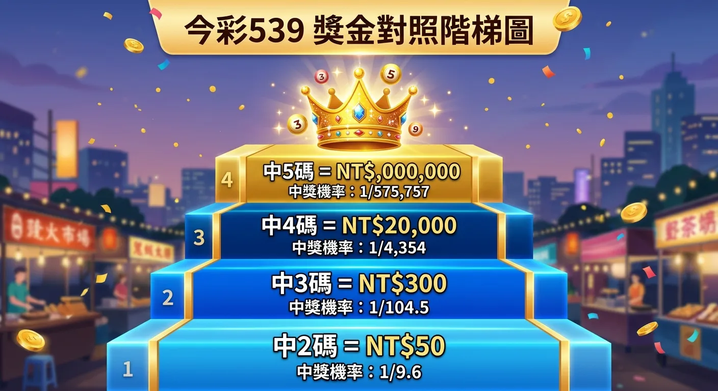 今彩539獎金對照階梯圖，由下到上四個階梯：底層「中2碼 = NT$50」（淺藍色）、第二層「中3碼 = NT$300」（藍色）、第三層「中4碼 = NT$20,000」（深藍色）、頂層「中5碼 = NT$8,000,000」（金色），每層標註中獎機率，頂部放置皇冠圖示