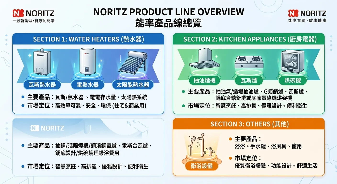 能率產品線總覽圖，分為三個區塊：熱水器（瓦斯/電/太陽能三種機型圖示）、廚房電器（抽油煙機、瓦斯爐、烘碗機圖示）、其他（衛浴設備圖示），每個區塊標示主要產品和市場定位