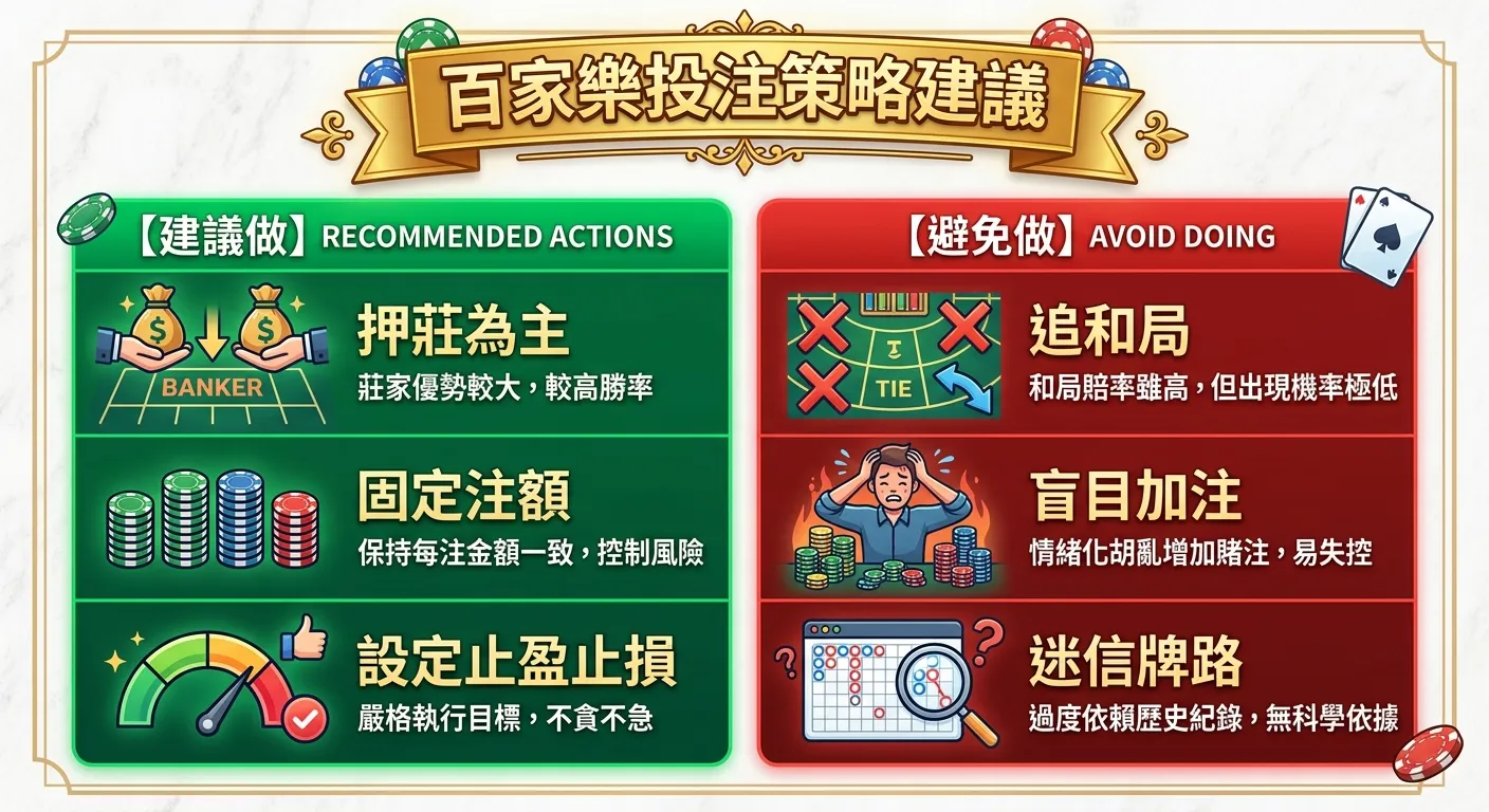 百家樂投注策略建議圖，分為「建議做」和「避免做」兩大區塊：左側綠色區塊列出三項建議（押莊為主、固定注額、設定止盈止損），右側紅色區塊列出三項禁忌（追和局、盲目加注、迷信牌路），每項配有對應圖示，整體配色金色標題