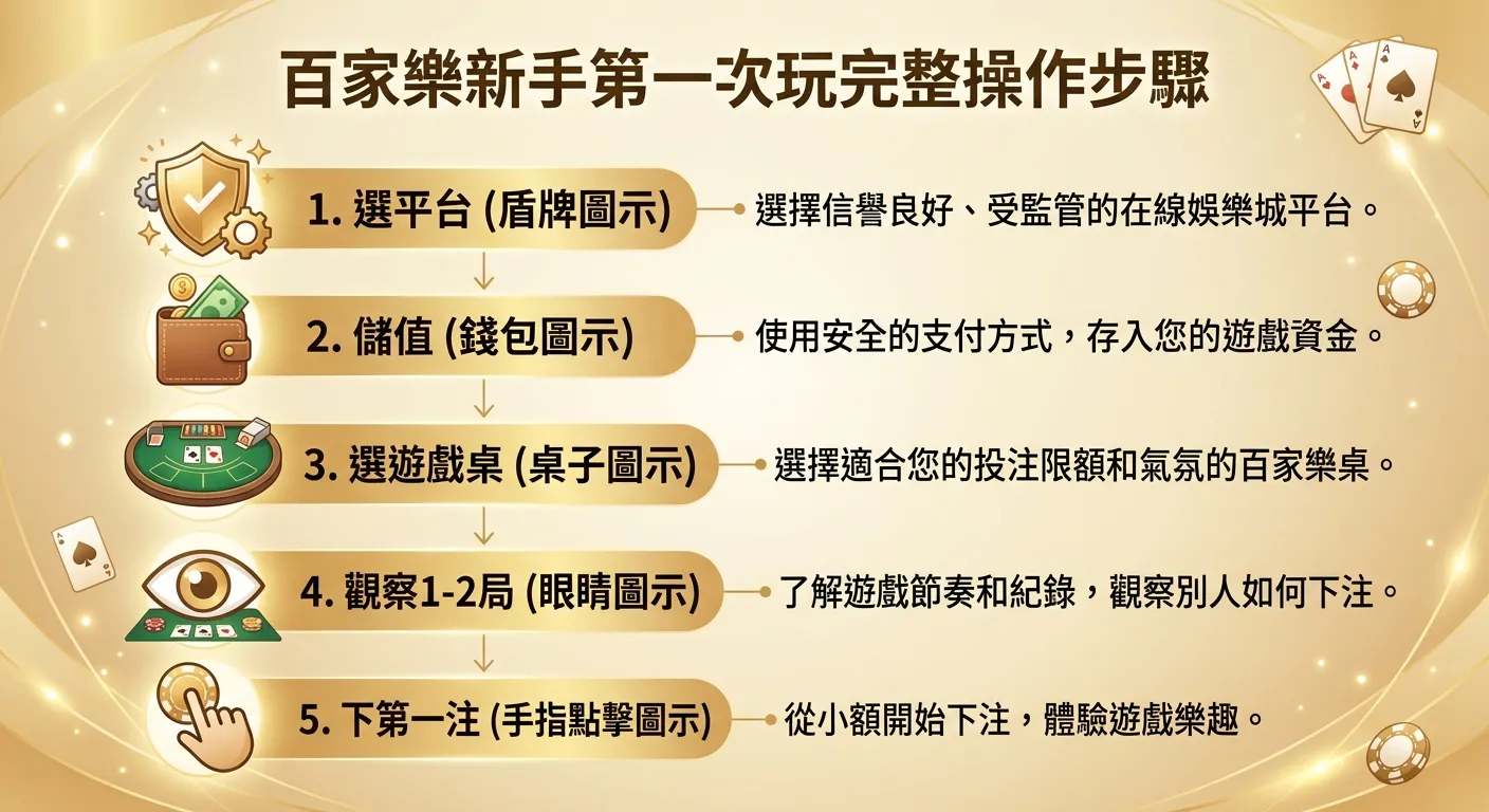 百家樂新手第一次玩的完整操作步驟流程圖，由上至下五個步驟：1.選平台（盾牌圖示）→ 2.儲值（錢包圖示）→ 3.選遊戲桌（桌子圖示）→ 4.觀察1-2局（眼睛圖示）→ 5.下第一注（手指點擊圖示），每步驟旁附一行重點提示，配色使用溫暖的金色漸層