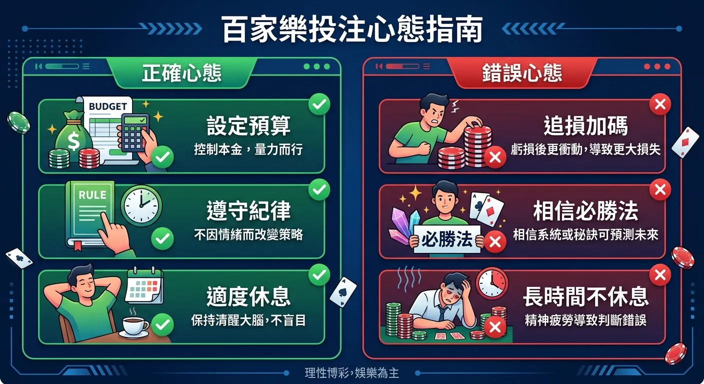 百家樂正確心態與錯誤心態對比圖，左側「正確心態」區塊列出三項：設定預算、遵守紀律、適度休息（綠色勾選圖示），右側「錯誤心態」區塊列出三項：追損加碼、相信必勝法、長時間不休息（紅色叉叉圖示），中央標題為「百家樂投注心態指南」