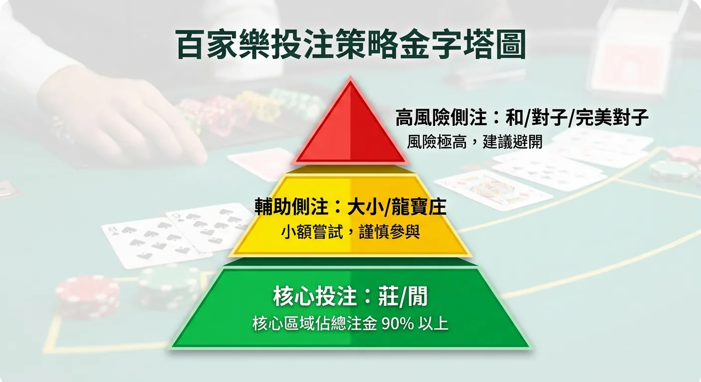 百家樂投注策略金字塔圖，從底部到頂部三層：底層最大區塊「核心投注：莊/閒」（綠色，標註90%以上注金），中層「輔助側注：大小/龍寶莊」（黃色，標註小額嘗試），頂層最小區塊「高風險側注：和/對子/完美對子」（紅色，標註建議避開），整體配色清晰分明