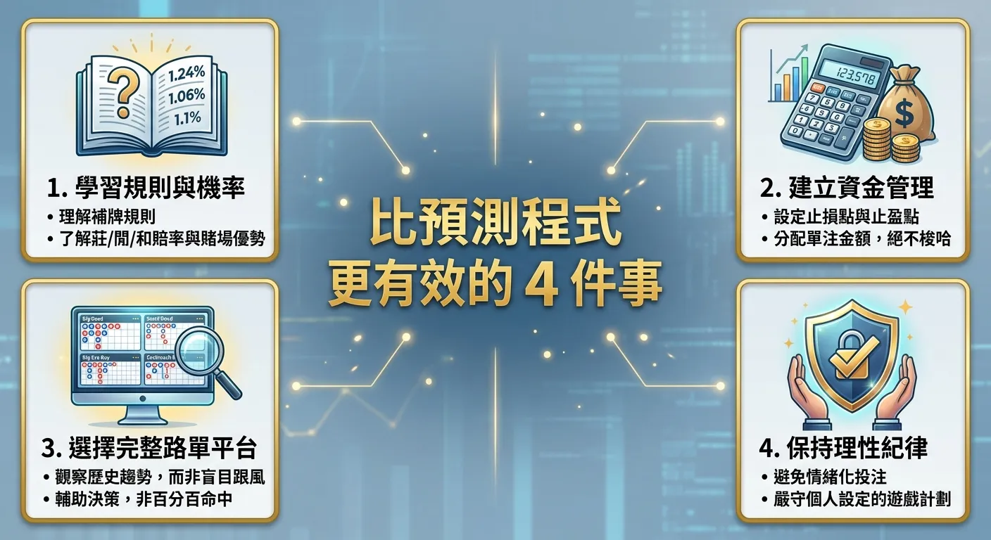 真正有用的百家樂輔助方法四宮格圖，四個方格分別為：1. 學習規則與機率（書本圖示），2. 建立資金管理（計算器圖示），3. 選擇完整路單平台（螢幕圖示），4. 保持理性紀律（盾牌圖示），每格用金色邊框，中央標題「比預測程式更有效的 4 件事」