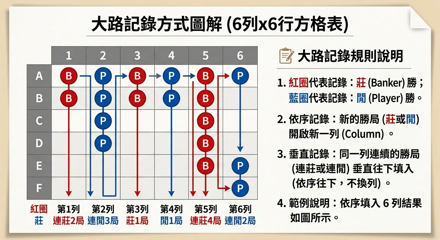 大路記錄方式圖解，一個 6 列 × 6 行的方格表，依序填入紅藍圓圈示範：第 1 列兩個紅圈（連莊 2 局），第 2 列三個藍圈（連閒 3 局），第 3 列一個紅圈（莊 1 局），第 4 列一個藍圈（閒 1 局），第 5 列四個紅圈（連莊 4 局），第 6 列兩個藍圈（連閒 2 局），旁邊標註記錄規則的文字說明