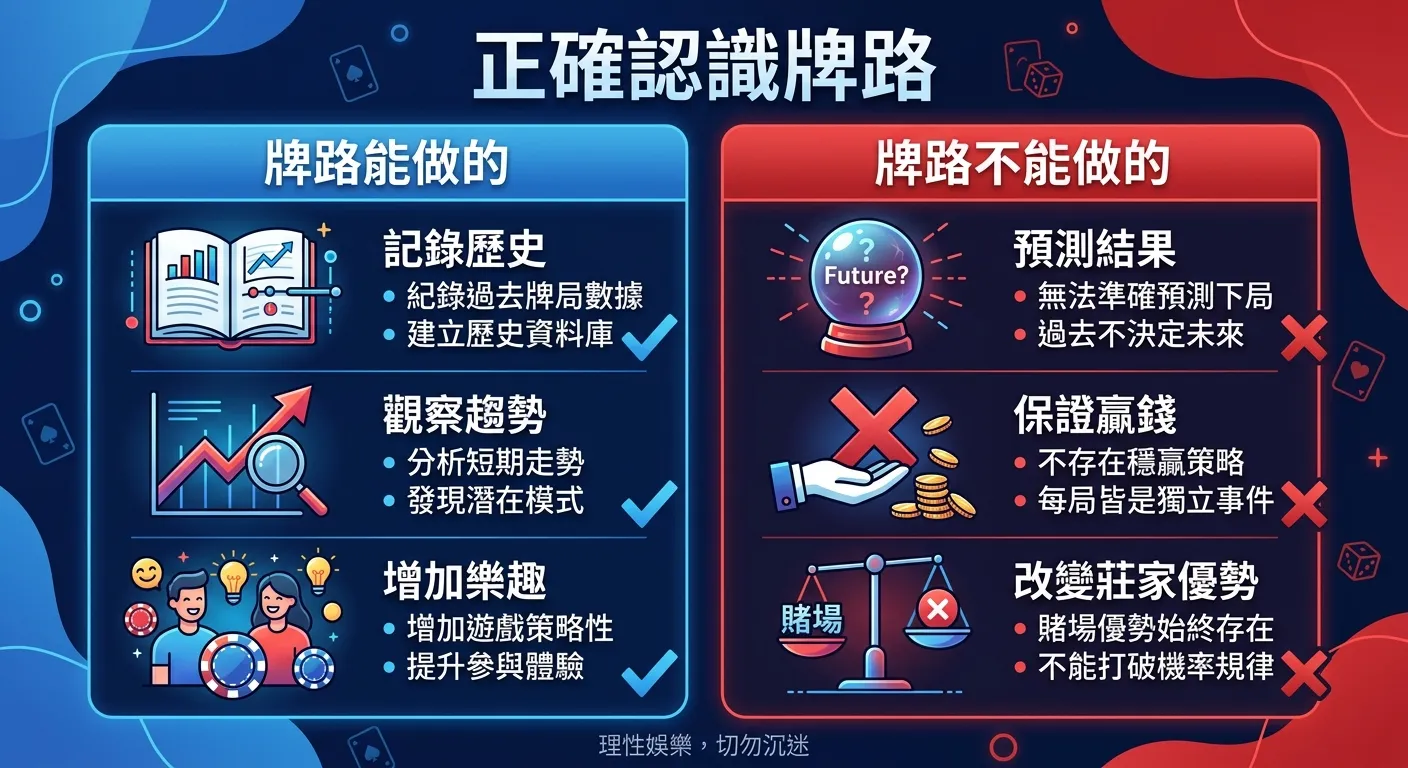 牌路分析局限性提醒圖，左右對比：左側「牌路能做的」列出記錄歷史、觀察趨勢、增加樂趣三項（藍色勾選），右側「牌路不能做的」列出預測結果、保證贏錢、改變莊家優勢三項（紅色叉叉），中央標題為「正確認識牌路」，紅藍對比配色