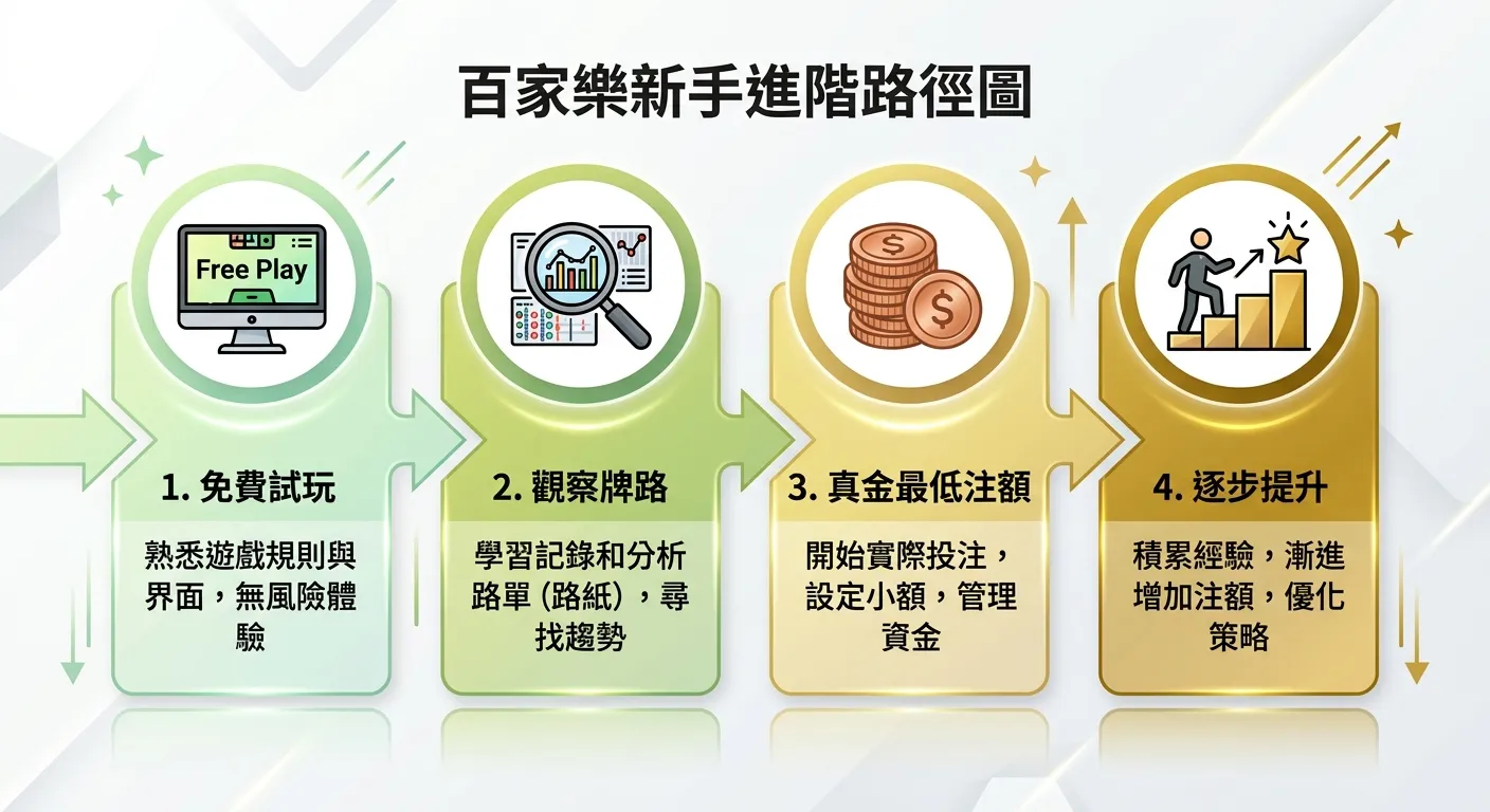 百家樂新手進階路徑圖，由左至右四個階段以箭頭連接：1.免費試玩（電腦螢幕圖示）→ 2.觀察牌路（放大鏡圖示）→ 3.真金最低注額（銅幣圖示）→ 4.逐步提升（階梯向上圖示），每個階段下方附簡短說明文字，配色使用漸層從淺綠到深金，象徵進步