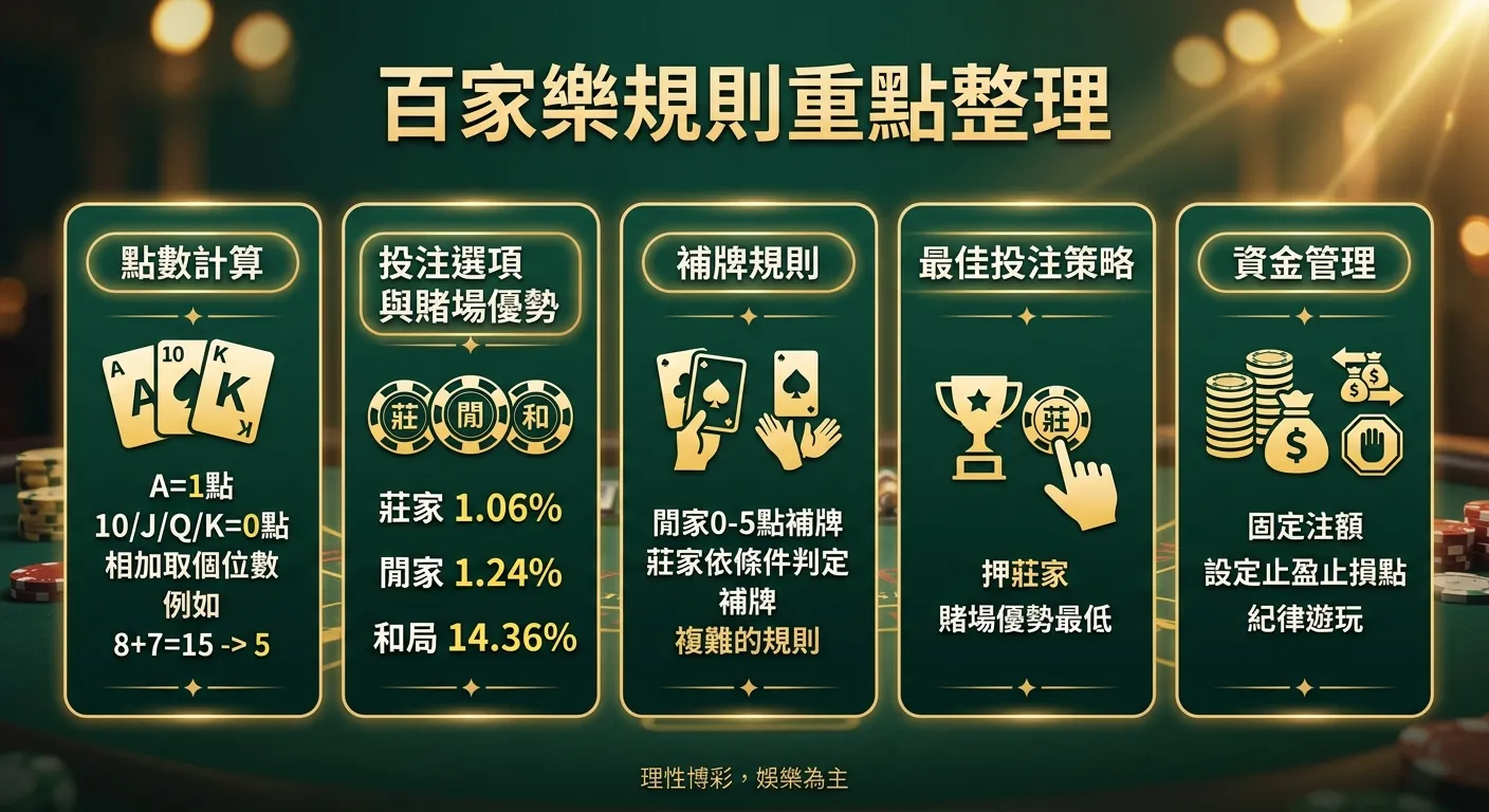 百家樂規則重點整理資訊圖，以卡片式佈局呈現五個核心知識點：(1) 點數計算：A=1, 10/J/Q/K=0, 取個位數 (2) 投注選項：莊1.06%、閒1.24%、和14.36% (3) 補牌：閒家0-5補、莊家依條件判定 (4) 最佳策略：押莊 (5) 資金管理：固定注額+止盈止損，每張卡片有對應圖示，配色金色與深綠