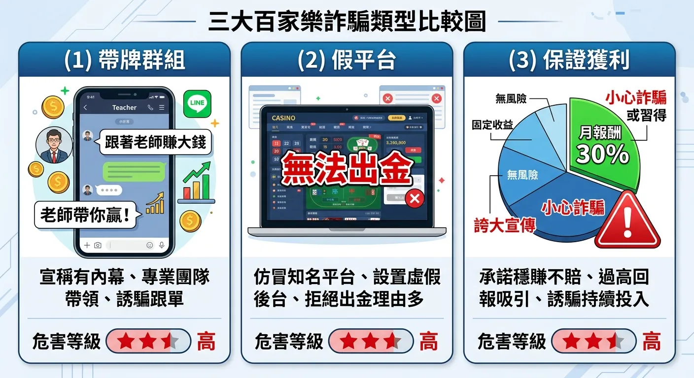 三大百家樂詐騙類型比較圖，三個區塊並排：(1) 帶牌群組——手機畫面顯示群組聊天泡泡，標示「老師帶你贏」文字 (2) 假平台——仿冒網站截圖示意加「無法出金」紅字 (3) 保證獲利——圓餅圖加「月報酬 30%」數字和紅色警告，每個區塊底部列出危害等級