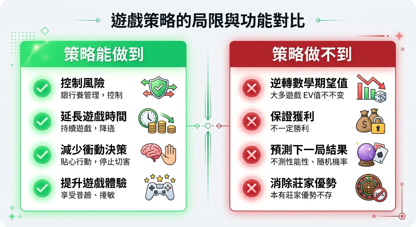 策略能做到 vs 不能做到的對比資訊圖，左側綠色區塊「策略能做到」列出：控制風險、延長遊戲時間、減少衝動決策、提升遊戲體驗（綠色勾選圖示），右側紅色區塊「策略做不到」列出：逆轉數學期望值、保證獲利、預測下一局結果、消除莊家優勢（紅色叉叉圖示），中央以分隔線隔開