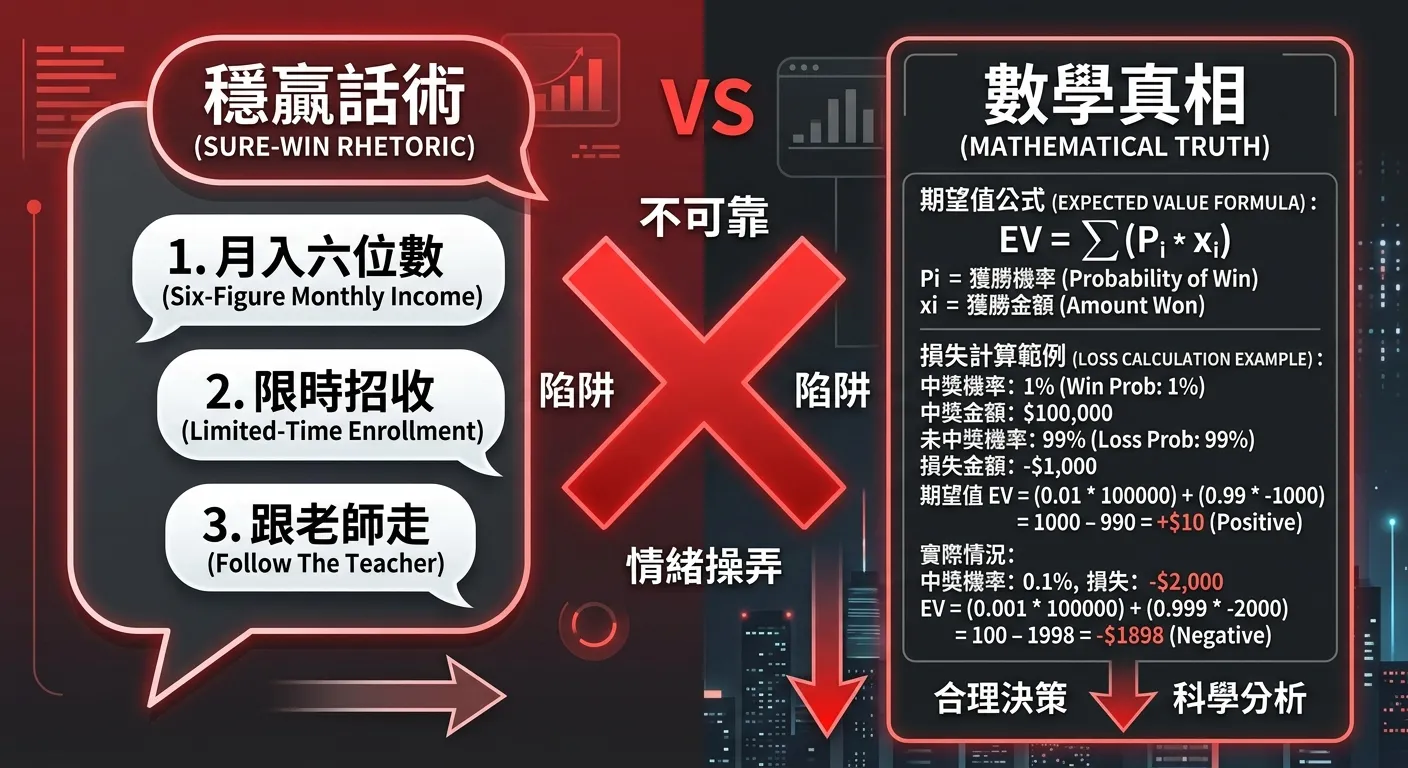 穩贏話術 vs 數學真相對比圖，左側為「穩贏話術」氣泡，內含三個典型話術文字（月入六位數、限時招收、跟老師走），右側為「數學真相」區塊，內含期望值公式與損失計算範例，中間以紅色大叉號連接，整體配色使用紅色（警示）與深灰色