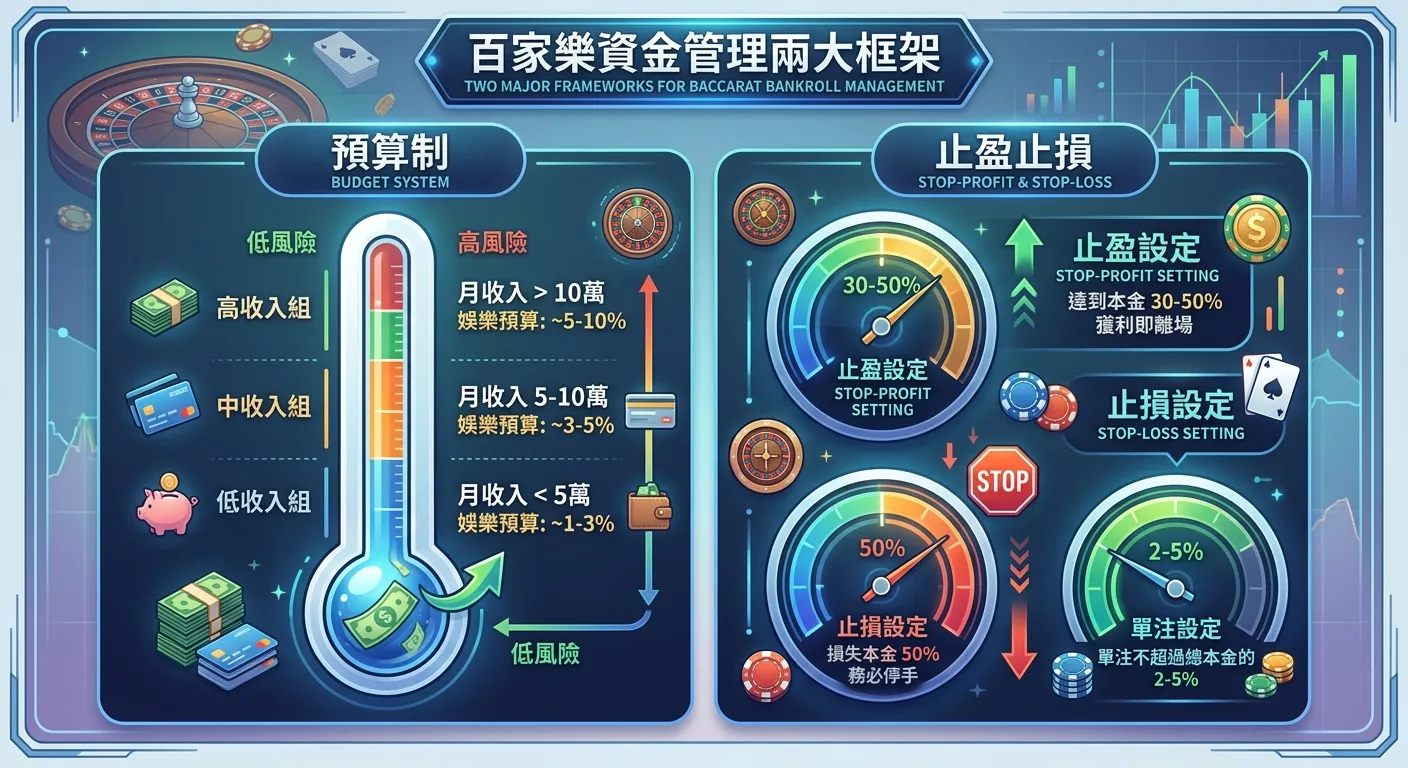 百家樂資金管理實用框架圖，分為兩大區塊：左側「預算制」以溫度計式呈現不同月收入對應的娛樂預算建議，右側「止盈止損」以儀表盤式呈現止盈 30-50%、止損 50%、單注 2-5% 的設定，中央標題為「資金管理兩大框架」