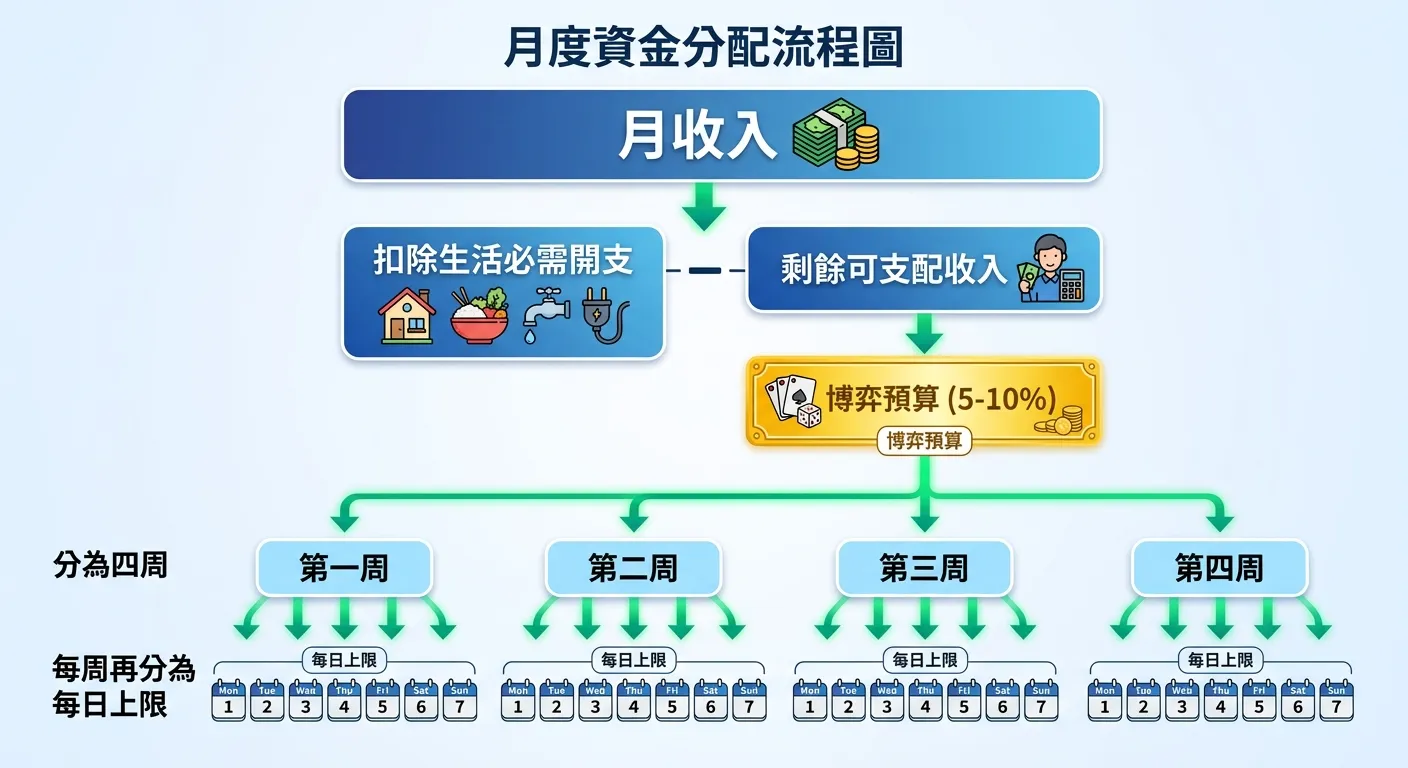 月度資金分配流程圖，由上至下依序：月收入（大方塊）→ 扣除生活必需開支 → 剩餘可支配收入 → 5-10% 撥出為博弈預算（金色方塊）→ 分為四周 → 每周再分為每日上限，用箭頭連接各階段，綠色箭頭代表資金流向