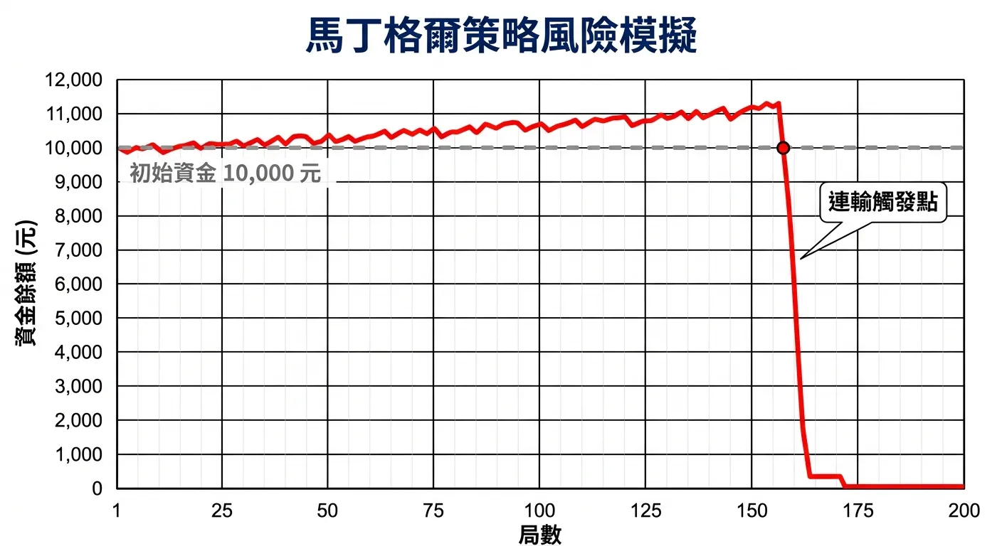 馬丁格爾策略風險模擬圖表，X 軸為局數（1-200），Y 軸為資金餘額，紅色折線顯示一條典型的馬丁格爾資金曲線：大部分時間小幅上升，但在某一點突然暴跌接近歸零，旁邊標註「連輸觸發點」，灰色虛線標示初始資金 10,000 元