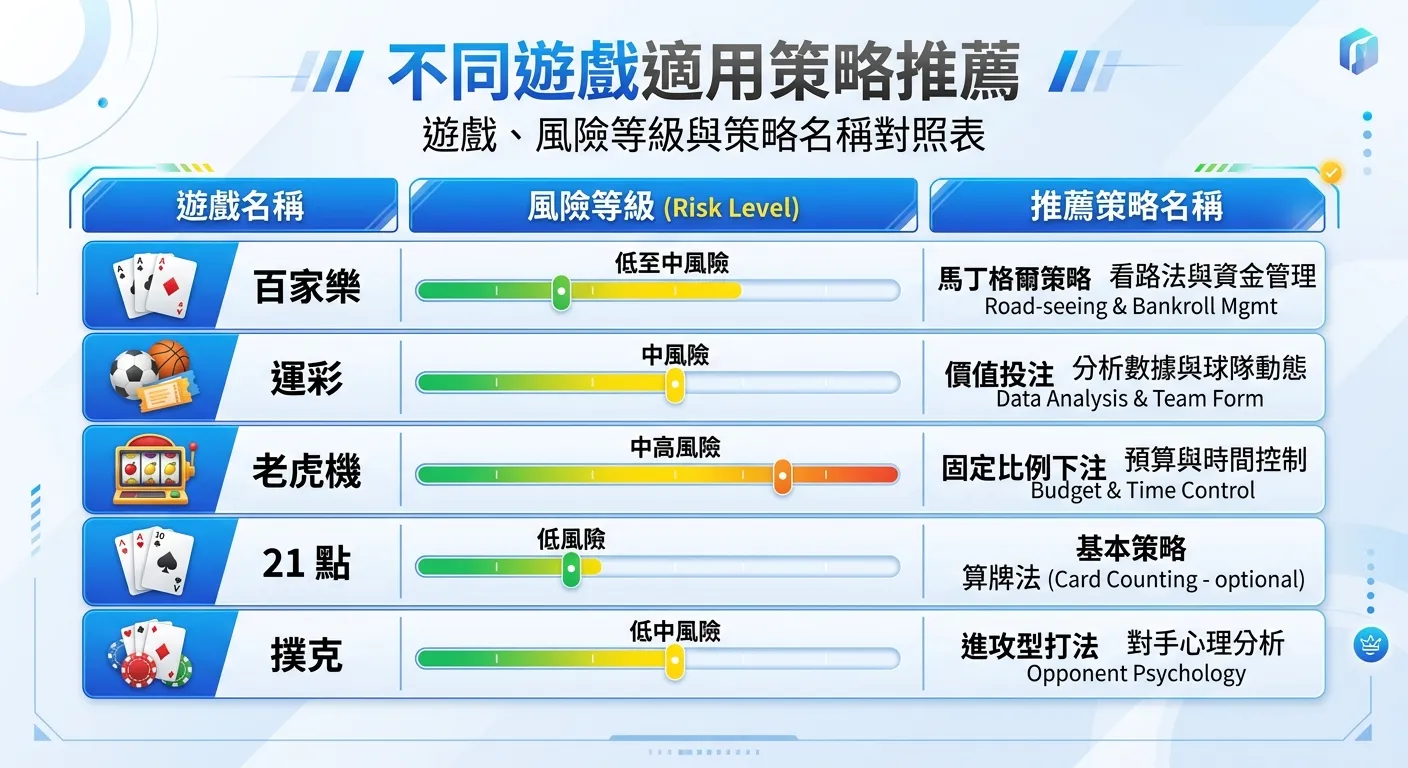 不同遊戲適用策略推薦表格圖，左欄列出五種遊戲（百家樂、運彩、老虎機、21 點、撲克），右欄列出推薦策略名稱，中間用顏色編碼的風險等級條：綠色=低風險、黃色=中風險，整體設計簡潔清晰