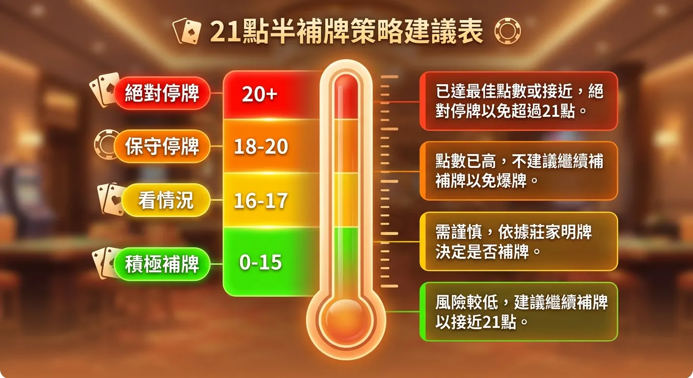 21 點半補牌策略建議表資訊圖，以溫度計式的垂直刻度呈現：底部（0-15 點）為綠色區「積極補牌」、中間（16-17 點）為黃色區「看情況」、上方（18-20 點）為橘色區「保守停牌」、頂部（20+ 點）為紅色區「絕對停牌」，右側附簡短說明，暖色調。