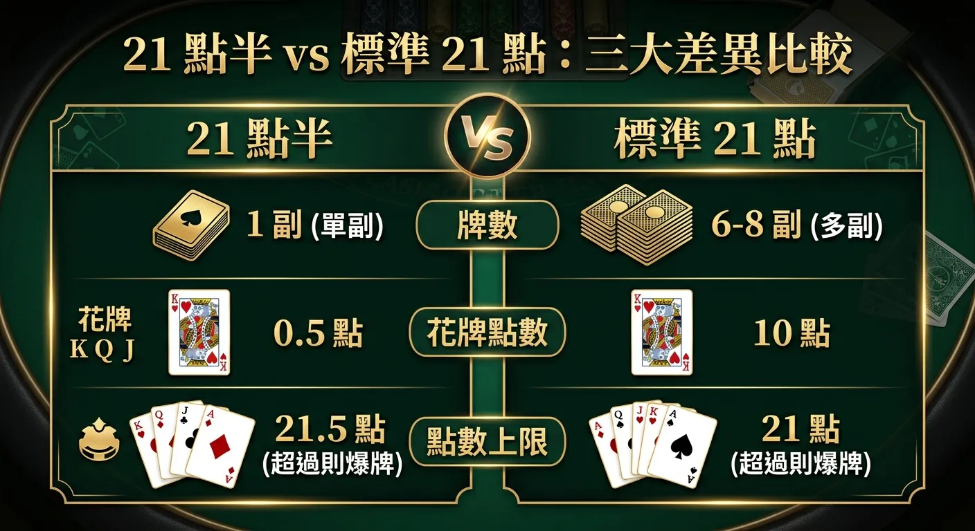 21 點半 vs 標準 21 點三大差異比較資訊圖，左右兩欄對比：牌數（1 副 vs 6-8 副）、花牌點數（0.5 vs 10）、點數上限（21.5 vs 21），中間以 VS 圖示分隔，深綠色牌桌背景搭配金色字體