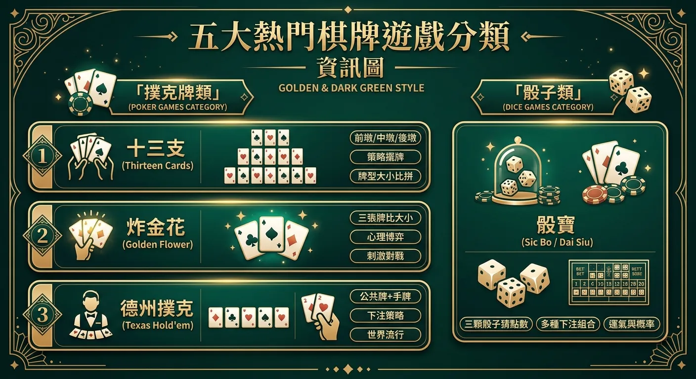 五大熱門棋牌遊戲分類資訊圖，左側「撲克牌類」包含三個卡片：十三支（13張牌排三墩）、炸金花（3張牌比大小）、德州撲克（公共牌+手牌）。右側「骰子類」包含一個卡片：骰寶（三顆骰子猜點數）。每個卡片附遊戲特色標籤。配色金色與深綠。