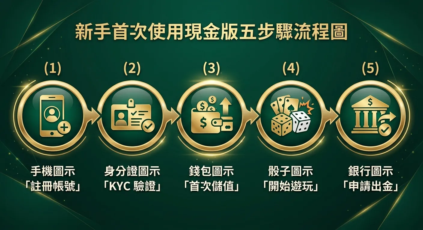 新手首次使用現金版五步驟流程圖，由左至右五個圓形步驟圖示：(1) 手機圖示「註冊帳號」 (2) 身分證圖示「KYC 驗證」 (3) 錢包圖示「首次儲值」 (4) 骰子圖示「開始遊玩」 (5) 銀行圖示「申請出金」，步驟間以箭頭連接，配色使用金色與深綠色系。