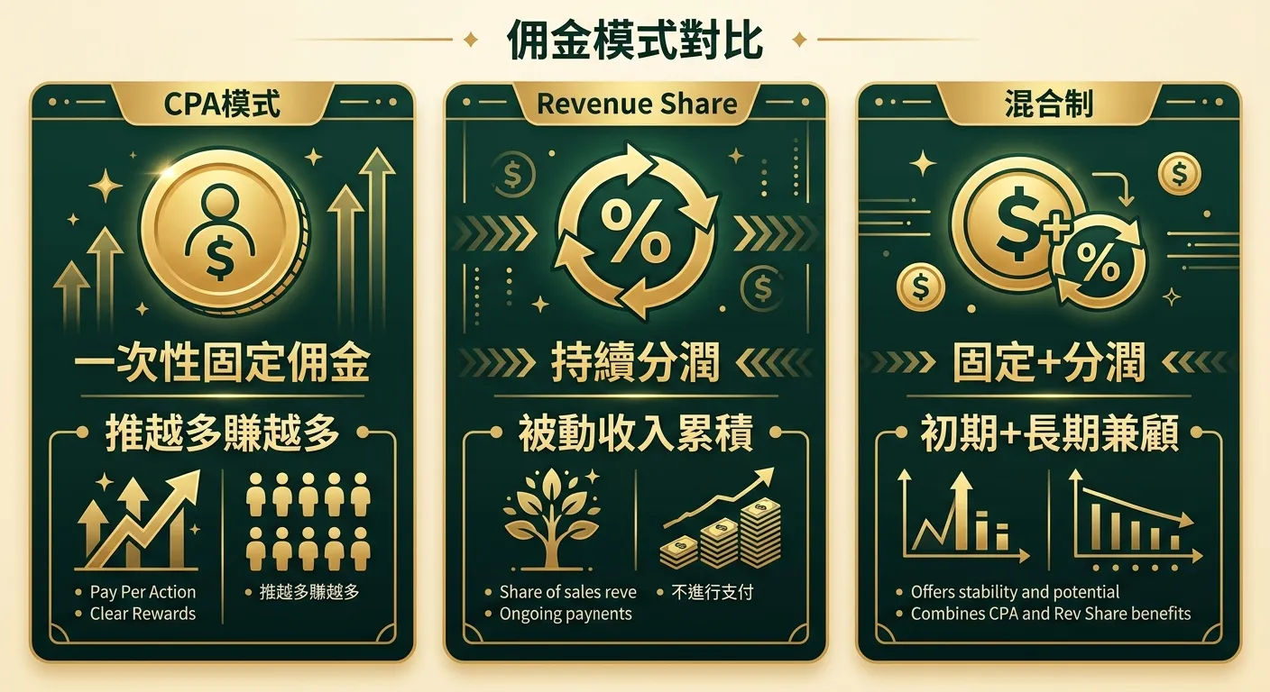 三種佣金模式對比資訊圖，以三張並排卡片呈現：左卡「CPA模式」（金幣+人形圖示，標題「一次性固定佣金」，特點「推越多賺越多」），中卡「Revenue Share」（循環箭頭+百分比圖示，標題「持續分潤」，特點「被動收入累積」），右卡「混合制」（金幣+循環箭頭合併圖示，標題「固定+分潤」，特點「初期+長期兼顧」）。配色金色深墨綠