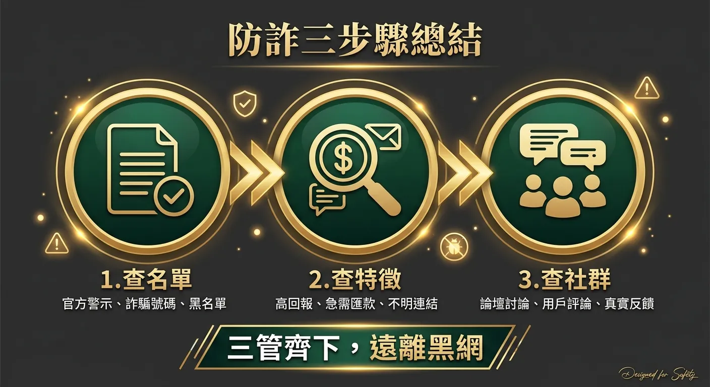 防詐三步驟總結圖，三個圓形區塊橫向排列：左「查名單」（清單圖示）、中「查特徵」（放大鏡圖示）、右「查社群」（群組對話圖示），三者以箭頭連接，下方標示「三管齊下，遠離黑網」。配色使用金色與深墨綠，背景深灰。