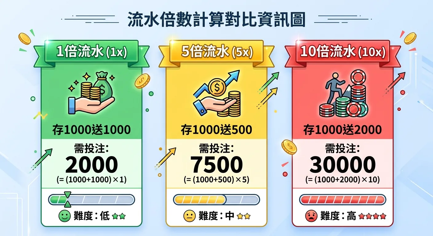 流水倍數計算對比資訊圖，分為三欄並排：左欄「1倍流水」（綠色背景）顯示存1000送1000、需投注2000；中欄「5倍流水」（黃色背景）顯示存1000送500、需投注7500；右欄「10倍流水」（紅色背景）顯示存1000送2000、需投注30000。每欄下方有難度條顯示門檻高低