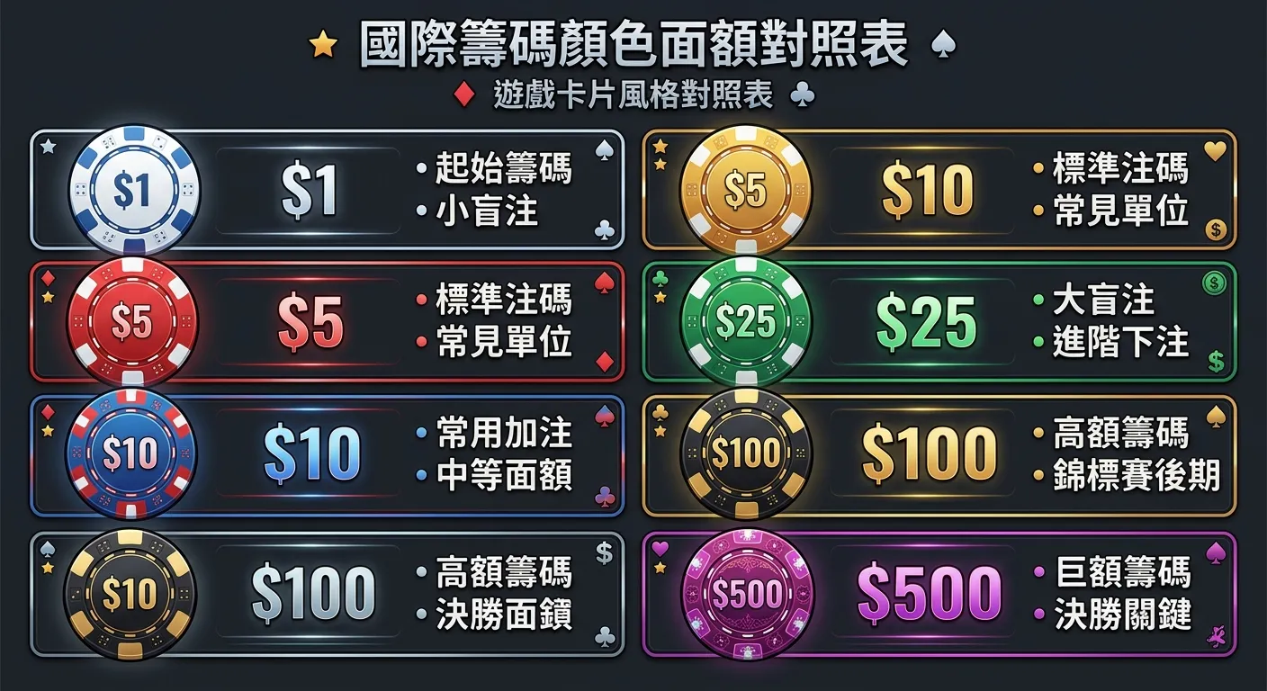 國際籌碼顏色面額對照表，六行橫向排列，每行左側為圓形籌碼圖示（對應顏色），中間為面額數字，右側為備註說明，整體設計如遊戲卡片風格，深灰背景