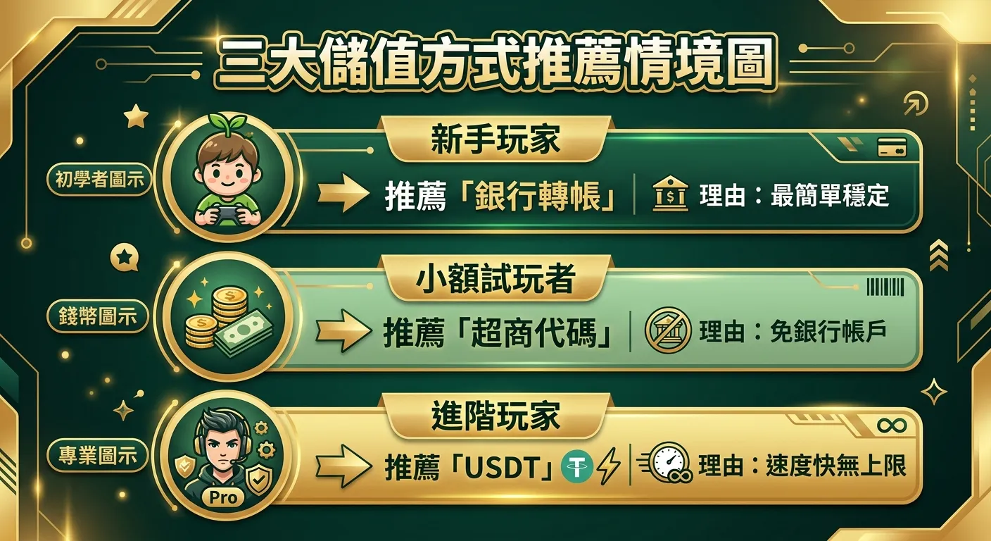 三大儲值方式推薦情境圖，三個區塊由上至下排列，每個區塊包含玩家類型圖示和推薦方式：(1) 新手玩家（初學者圖示）→ 推薦「銀行轉帳」理由：最簡單穩定 (2) 小額試玩者（錢幣圖示）→ 推薦「超商代碼」理由：免銀行帳戶 (3) 進階玩家（專業圖示）→ 推薦「USDT」理由：速度快無上限。金色與深綠配色。