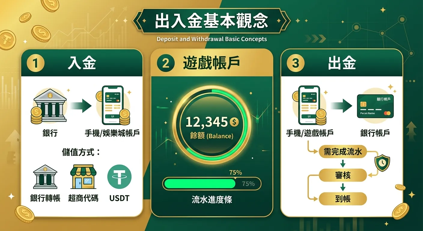 出入金基本觀念三欄說明圖，由左至右分為三個區塊：(1)「入金」— 箭頭從銀行圖示指向手機（娛樂城帳戶），標示「儲值方式：銀行/超商/USDT」(2)「遊戲帳戶」— 中央顯示餘額數字與「流水進度條」(3)「出金」— 箭頭從手機指向銀行帳戶，標示「需完成流水→審核→到帳」。配色金色與深綠。