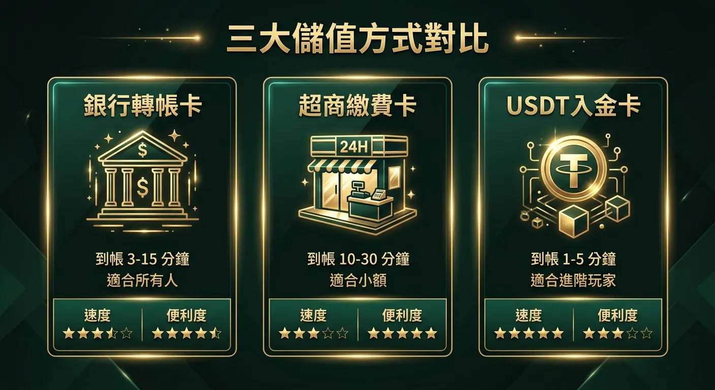 三大儲值方式對比卡片圖，三張卡片由左至右排列：(1) 銀行轉帳卡 — 銀行大樓圖示、到帳 3-15 分鐘、適合所有人 (2) 超商繳費卡 — 便利商店圖示、到帳 10-30 分鐘、適合小額 (3) USDT 入金卡 — 虛擬貨幣圖示、到帳 1-5 分鐘、適合進階玩家。每張卡片底部用星星評分速度與便利度。金色與深綠配色。