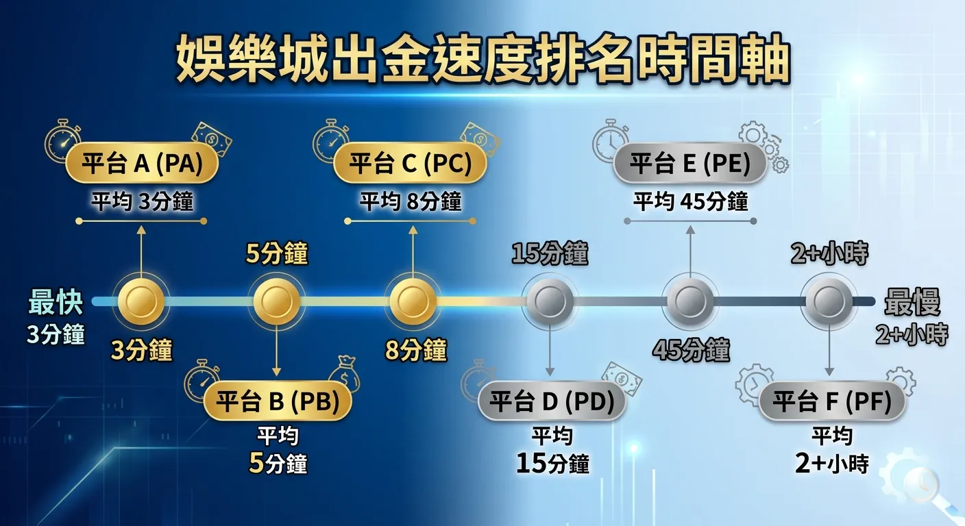 娛樂城出金速度排名時間軸圖，以水平時間軸呈現六個平台的出金速度：左側為「最快」（3分鐘），右側為「最慢」（2+小時），每個平台用不同顏色的圓點標示在時間軸上，旁邊標註平台代號和平均時間。金色代表前三名，灰色代表後三名。