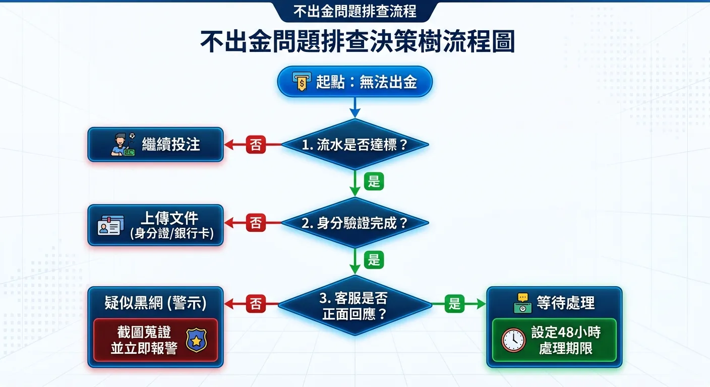 不出金問題排查決策樹流程圖，由上至下：起點「無法出金」→ 判斷1「流水是否達標？」（否→繼續投注 / 是→下一步）→ 判斷2「身分驗證完成？」（否→上傳文件 / 是→下一步）→ 判斷3「客服是否正面回應？」（否→疑似黑網，截圖蒐證報警 / 是→等待處理，設48小時期限）。菱形判斷框搭配紅綠色指示。