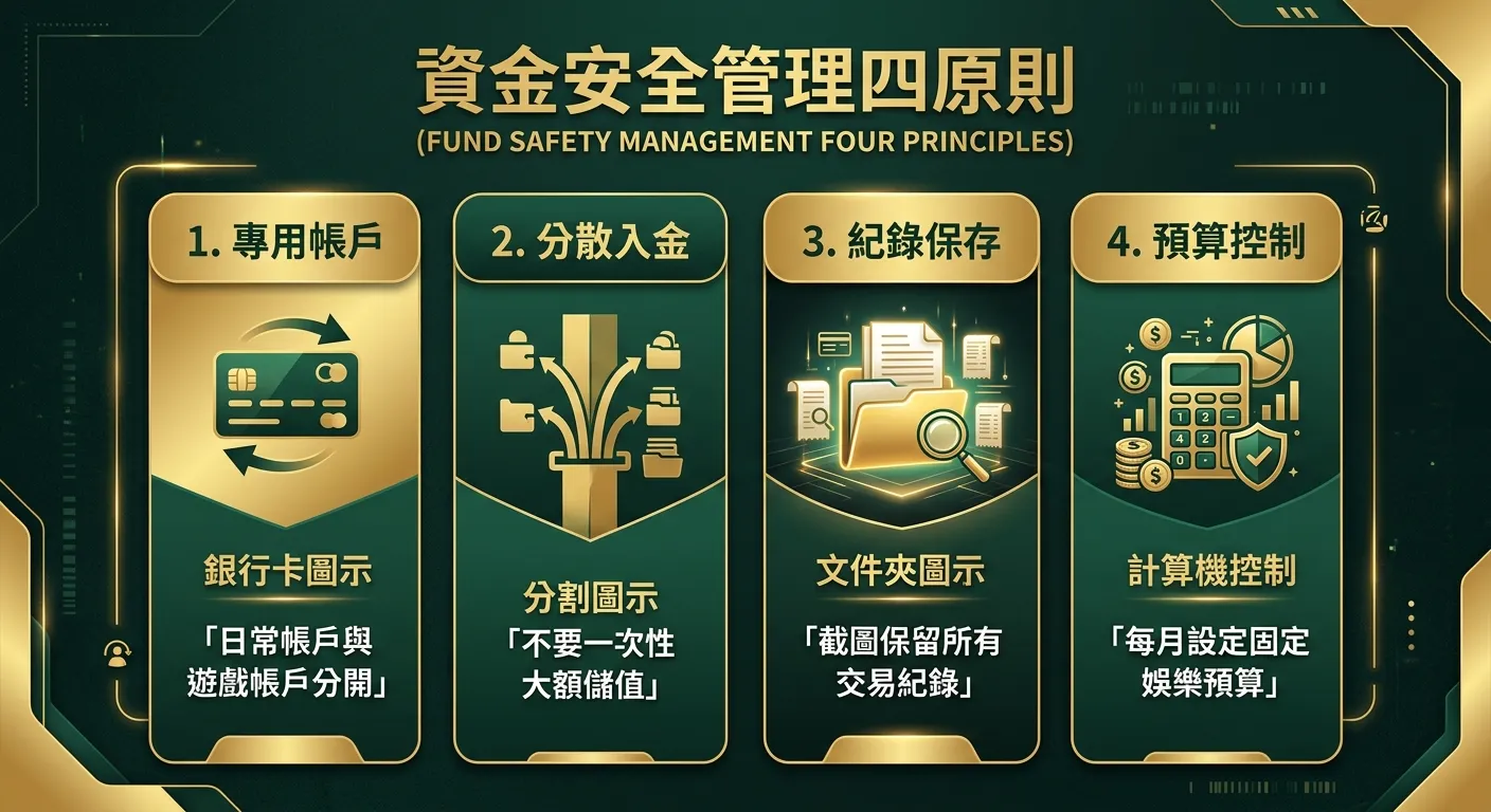 資金安全管理四原則清單圖，分為四個垂直排列的區塊，每個區塊有圖示和說明：(1) 專用帳戶 — 銀行卡圖示「日常帳戶與遊戲帳戶分開」(2) 分散入金 — 分割圖示「不要一次性大額儲值」(3) 紀錄保存 — 文件夾圖示「截圖保留所有交易紀錄」(4) 預算控制 — 計算機圖示「每月設定固定娛樂預算」。配色金色與深綠。