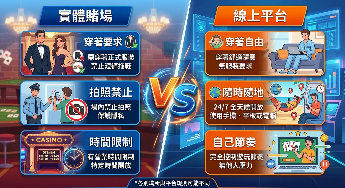 線上 vs 實體賭場體驗比較圖，左側「實體賭場」列出穿著要求、拍照禁止、時間限制等，右側「線上平台」列出穿著自由、隨時隨地、自己節奏等，中間 VS 標示