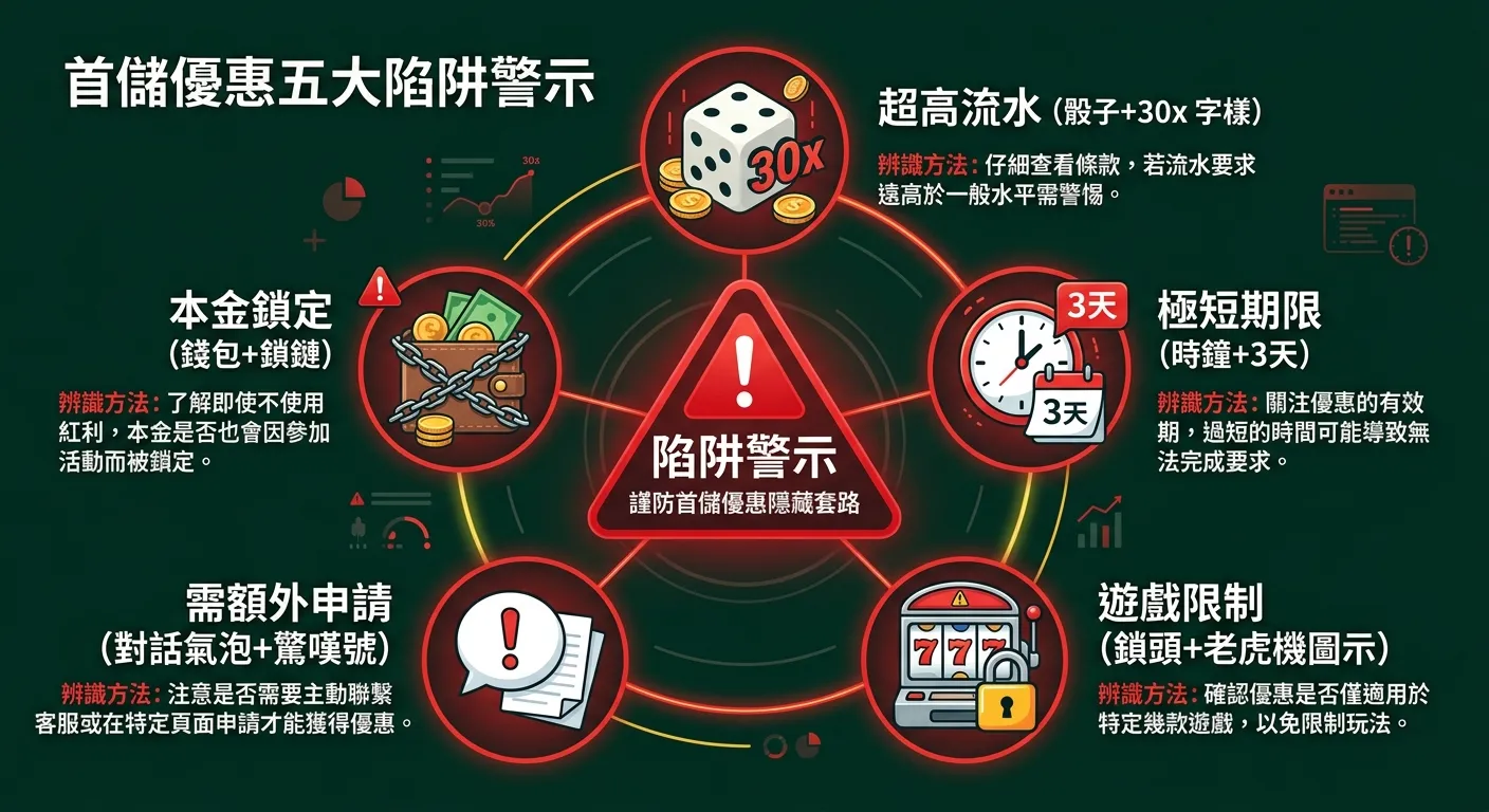 首儲優惠五大陷阱警示資訊圖，以紅色警告三角形為中心，五個陷阱以放射狀排列：1.超高流水（骰子+30x 字樣）2.極短期限（時鐘+3天）3.遊戲限制（鎖頭+老虎機圖示）4.需額外申請（對話氣泡+驚嘆號）5.本金鎖定（錢包+鎖鏈）。每個陷阱附一行辨識方法提示。配色紅色警示搭配深墨綠背景